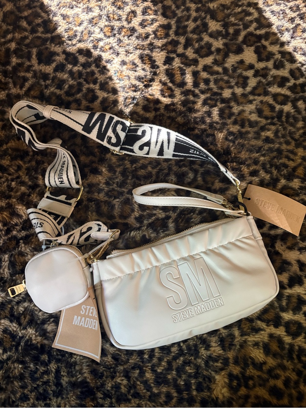 Steve Madden Cream Crossbody Bag with Branded Strap and Wristlet
